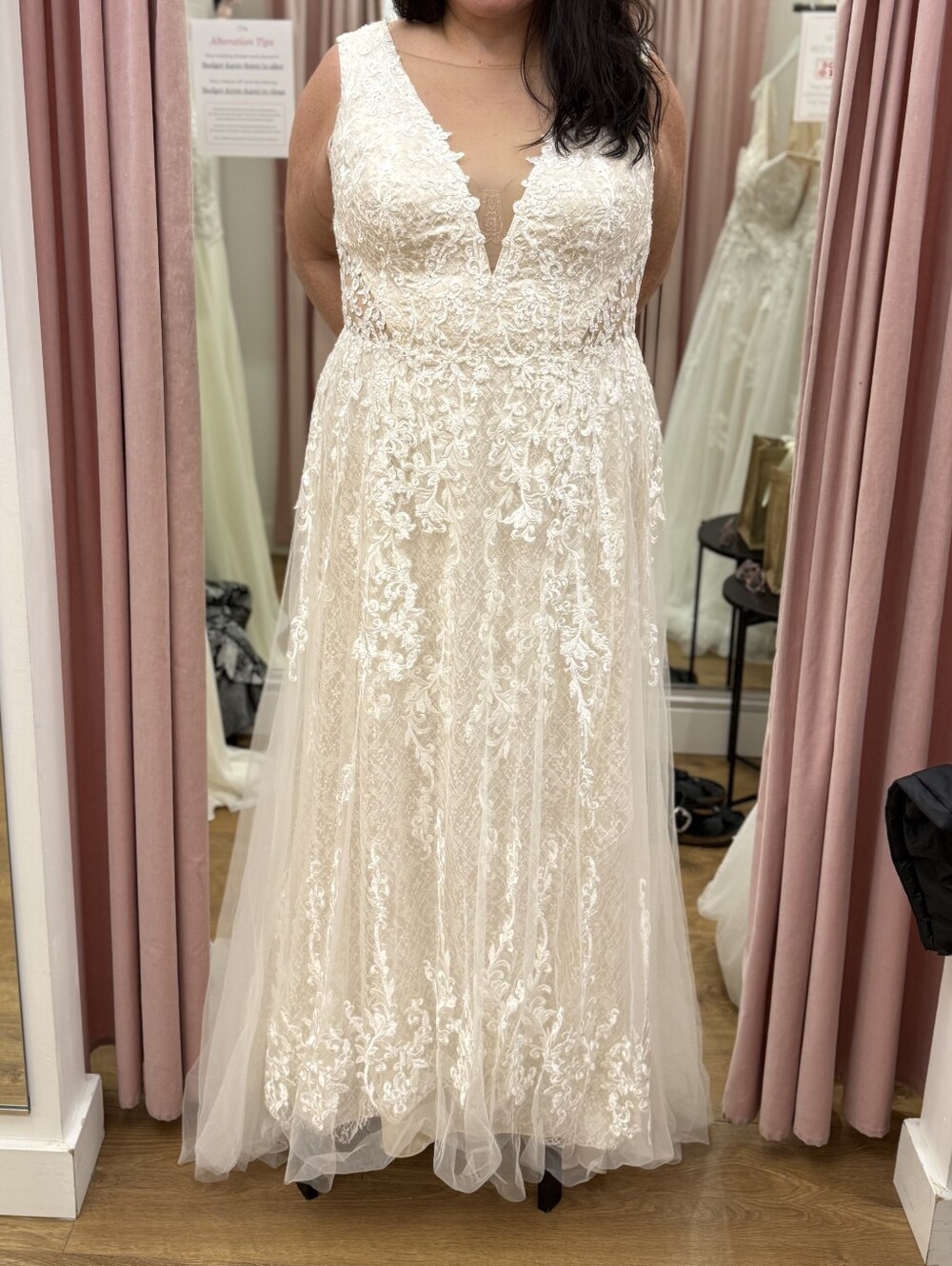 Lace A-Line Wedding Dress with Plunge V-Neck - Ivory/Champagne